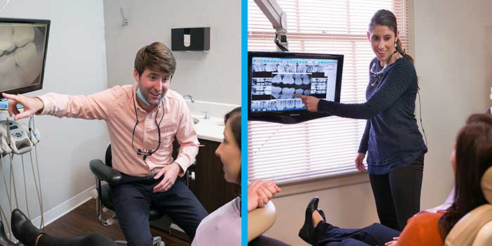 Dentist showing teeth x-ray on screen